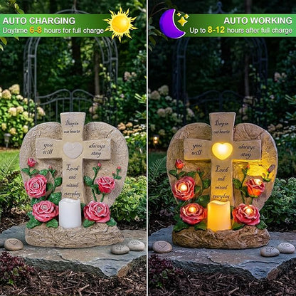 MXwcy Memorial Garden Stone Cross with LED Lights - Sympathy Gift, Bereavement & Remembrance for Loss of Loved One, Outdoor Indoor Grave Marker Decoration, Weatherproof Resin Heart Rose Design