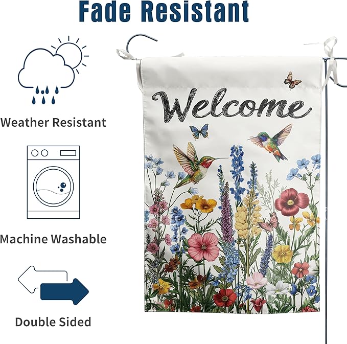 Spring Hummingbird Garden Flags Floral Summer banner for Outside 12x18 Double Sided Wildflower Yard Signs Small Outdoor Seasonal Decorative