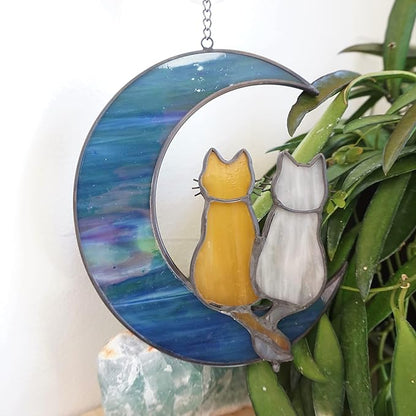 Cat Stained Glass Suncatcher – Cat on Moon Real Glass Window Hanging – Unique Modern Design Wall Art for Home or Garden Décor – Perfect Feline Lover Gift