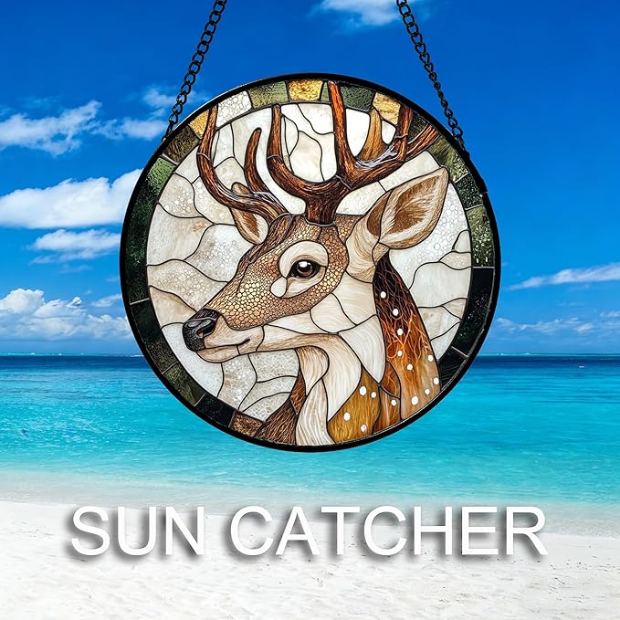 CHATYOUNG Stained Glass Window Hanging Elk Large 15" - Suncatcher Bedroom Door Garden Home Decor and Christmas Valentine for Grandma Nana Mom Women Wife Girlfriend Friend