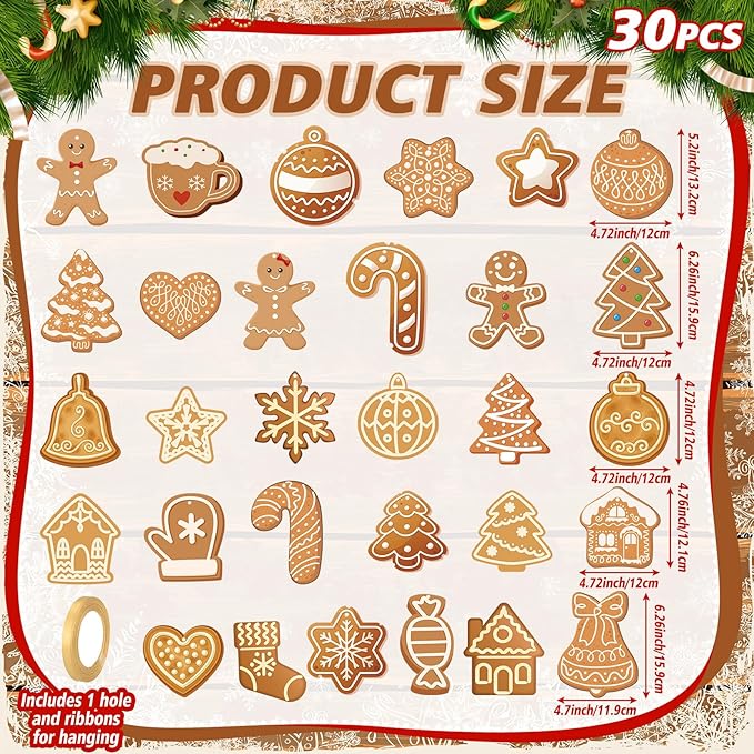 Rtteri 30 Pcs Christmas Gingerbread House Decorations Bulk 5 x 6 Inch Double Sided Snowflake Gingerbread Candy Canes Plastic Hanging Ornaments for Xmas Tree Yard Porch Lawn Holiday Decorations
