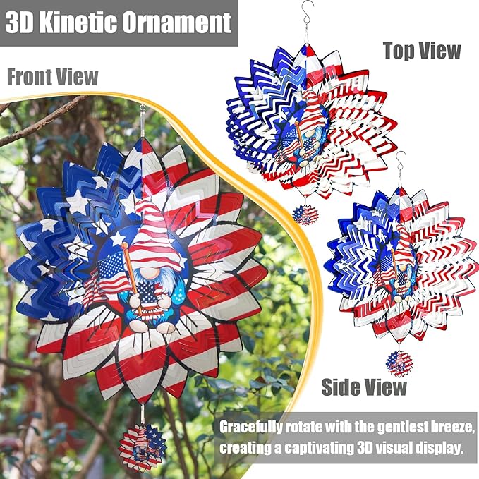 Sunflower American Flag Gnome Patriotic Wind Spinners Outdoor for Yard and Garden,12 Inch 3D Stainless Steel Metal Hanging Kinetic Wind Sculpture, Independence Day Decor Indoor Art
