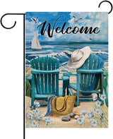 Hzppyz Welcome Summer Blue Sea Ocean Chairs Myosotis Sylvatica Flower Beach Garden Flag, Coastal Nautical Seagull Sailboat Bag Hat Decorative House Yard Outdoor Small Decor, Tropical Home Outside
