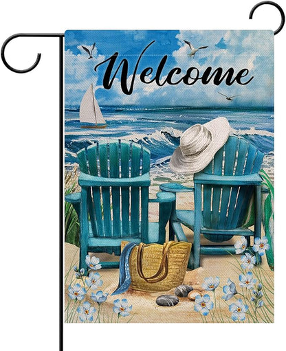 Hzppyz Welcome Summer Blue Sea Ocean Chairs Myosotis Sylvatica Flower Beach Garden Flag, Coastal Nautical Seagull Sailboat Bag Hat Decorative House Yard Outdoor Small Decor, Tropical Home Outside