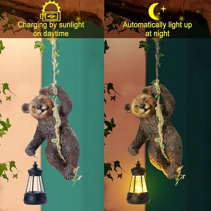 Rossesay 7 Inches Bear Statue Tree Hugger with Solar Light Resin Bear Statue Sign with LED Lantern Waterproof Hanging Figurine with Hook for Christmas Tree Decoration Outdoor Yard Garden (Brown)