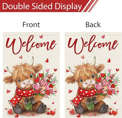 Heyfibro Welcome Valentine's Day Highland Cow Garden Flag 12 x 18 Inch Double Sided Burlap, Floral Heart Bouquet & Red Scarf Yard Flag for Outdoor Romantic Holiday Decoration (ONLY FLAG)