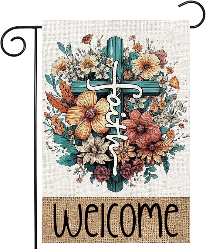 Welcome Cross Flowers Garden Flags 12x18 Vertical Double Sided, Easter Spring Summer Yard Flag for Outside Religious Decor, He Is Risen Holiday Outdoor Seasonal Decorations for Home