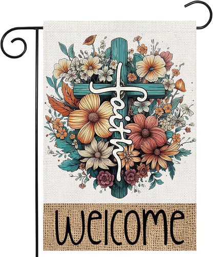 Welcome Cross Flowers Garden Flags 12x18 Vertical Double Sided, Easter Spring Summer Yard Flag for Outside Religious Decor, He Is Risen Holiday Outdoor Seasonal Decorations for Home