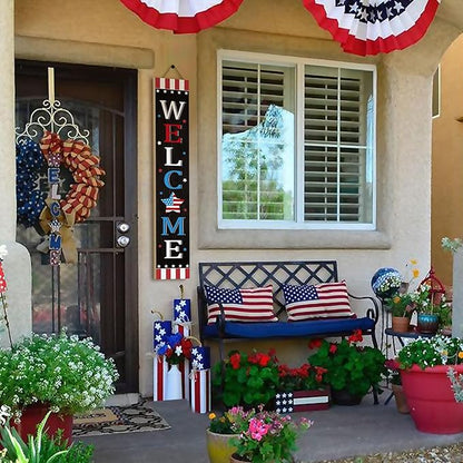 Patriotic 4th of July Independence Day Porch Sign Decor Memorial Day Wooden Hanging Sign Door Porch Standing Decorative Signs Plaques Front Door Farmhouse Outdoor Indoor Welcome Sign Wall Craft Decor 47.2"H