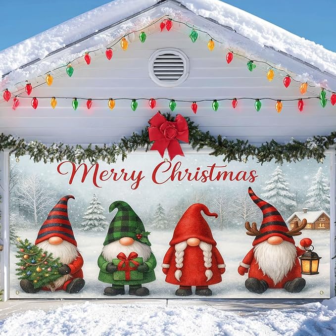IVN Christmas Garage Door Cover Decoration 13x6ft Gnomes Snow Scene White Background Gift Tree Merry Christmas Garage Door Banner Home Door Front Yard Decor for Xmas Eve Holiday Outdoor