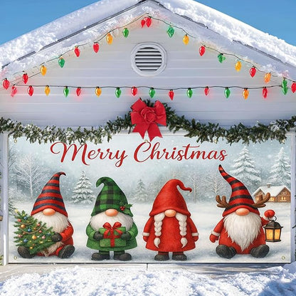 IVN Christmas Garage Door Cover Decoration 13x6ft Gnomes Snow Scene White Background Gift Tree Merry Christmas Garage Door Banner Home Door Front Yard Decor for Xmas Eve Holiday Outdoor