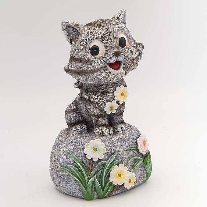 Roman 7.5” Adorable Cat on Rock Garden Statue – Outdoor Figurine – Whimsical Yard, Lawn, or Patio Decor for Cat Lovers