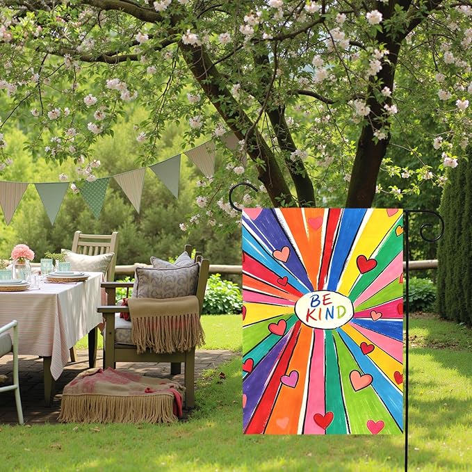 Be Kind Garden Flag Colorful Positive Message Outdoor Yard Flags Rainbow Heart Art House Banner for Teachers Schools Classrooms Front Porch Patio Community Welcome Kindness Decor 12x18 Inch