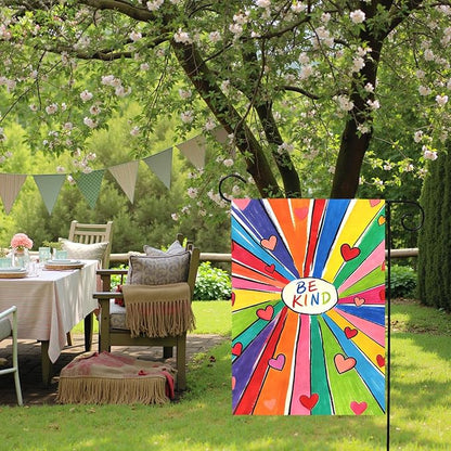 Be Kind Garden Flag Colorful Positive Message Outdoor Yard Flags Rainbow Heart Art House Banner for Teachers Schools Classrooms Front Porch Patio Community Welcome Kindness Decor 12x18 Inch