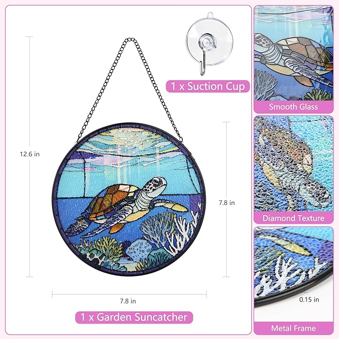 Stained Glass Window Hanging, Turtle Circular Painted Glass Suncatcher with Chain & Suction Cup for Home Garden Door Decor, Birthday for Women Men Mom 7.8 in