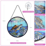 Stained Glass Window Hanging, Turtle Circular Painted Glass Suncatcher with Chain & Suction Cup for Home Garden Door Decor, Birthday for Women Men Mom 7.8 in