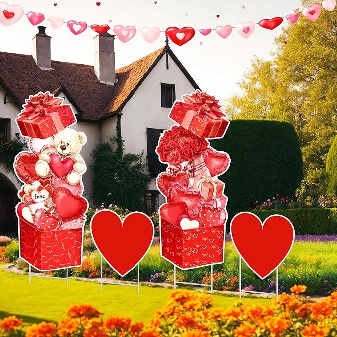 Yuntau 4 Pcs Valentine's Day Yard Signs Gift Box Outdoor Sign with Stakes Valentine Red Love Bear Heart Lawn for Holiday Pathway Lawn Stake Walkway Patio Party Wedding Anniversary Decor