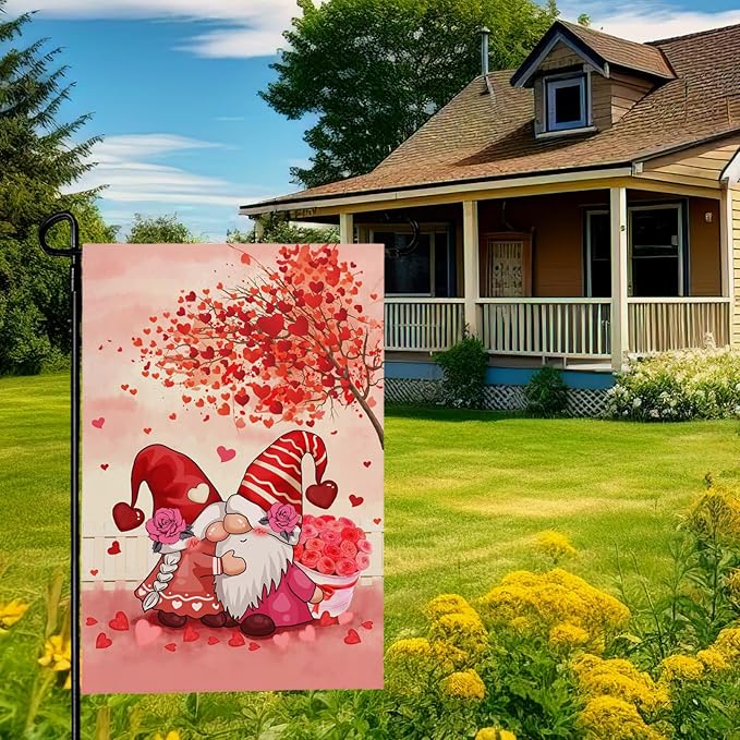 Gnomes Kiss Garden Flag 12 x 18 Inch Double Sided Valentine's Day Red Hearts Burlap Yard Flags Holiday Love Kiss Small Outdoor Flag Garden Decoration