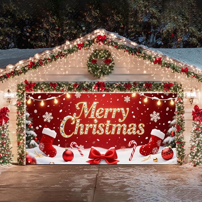 HOMETITUTE Christmas Garage Door Banner 13x6ft Merry Xmas Gold Sign Stockings Candy Bows Ornaments Snowflakes Red Backdrop Outdoor Yard Photo Background Holiday Decoration