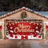 HOMETITUTE Christmas Garage Door Banner 13x6ft Merry Xmas Gold Sign Stockings Candy Bows Ornaments Snowflakes Red Backdrop Outdoor Yard Photo Background Holiday Decoration