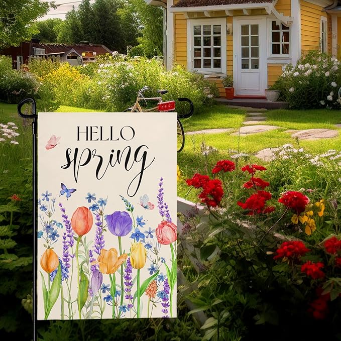 Hello Spring Garden Flags Tulip Lavender Yard Flag Butterflies Floral Seasonal Garden Flags Welcome Spring Flowers Rustic Home Banner for Outdoor House Summer Decoration