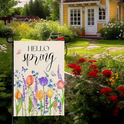 Hello Spring Garden Flags Tulip Lavender Yard Flag Butterflies Floral Seasonal Garden Flags Welcome Spring Flowers Rustic Home Banner for Outdoor House Summer Decoration