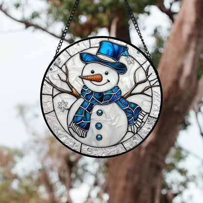 DASTOLL Stained Glass Window Hanging 4 Pcs Set White Winter Christmas Snow Scene 9.8" - Suncatcher Door Garden Sun Catcher Decor Birthday for Mom Woman Nana Men Friend Wife