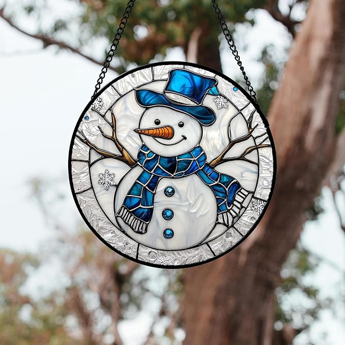 DASTOLL Stained Glass Window Hanging 4 Pcs Set White Winter Christmas Snow Scene 6.3" - Suncatcher Door Garden Sun Catcher Decor Birthday for Mom Woman Nana Men Friend Wife