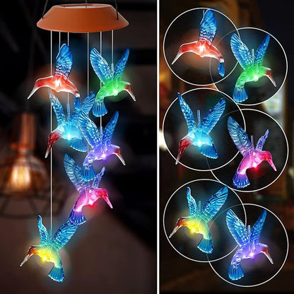 Hummingbird Wind Chimes Outdoor Color Changing Solar Mobile Light Outdoor Decoration Gifts for Grandma Birthday Gifts for Women Garden Memorial Wind Chimes (Blue)