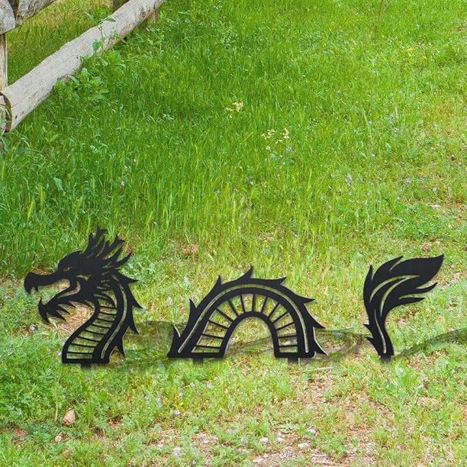 WADORN 3 Styles Dragon Metal Decorative Garden Stakes, Funny Chinese Dragon Metal Silhouette Statues Animals Garden Ornament Gifts Black Yard Art Decoration for Outdoor Backyard Patio Lawn Walkways