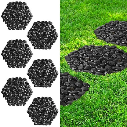 River Rock Stepping Stones Outdoor for Garden Walkway, 10 inch 6 Pcs Hexagon Shape Paver Step Stones Polished Pebble River Stone Mat for Yard Lawn Patio Pathway Walk Way - Black