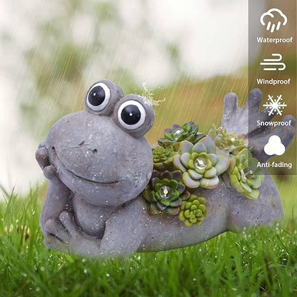 TERESA'S COLLECTIONS Frog Garden Decor with Solar Light for Outdoor Statues,Adorable Lying Frog Resin Lawn Ornaments Resting Animal Succulent Stone Figurines for Porch Patio Gifts for Mom Dad,7.3"