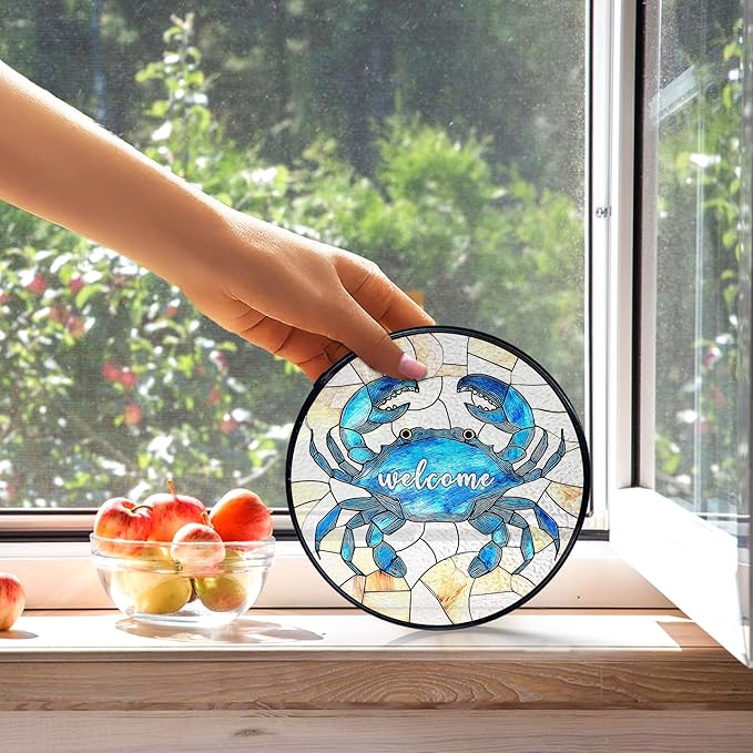 kdqua Coastal Beach Crab Welcome Suncatcher Stained Glass Window Hanging, Ocean Marine Crab Sun Catchers Indoor Window Glass Round Wall Decor, Beachy Wall Art Hanging Decorations Statues, 7.9x7.9in
