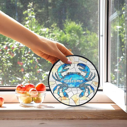 kdqua Coastal Beach Crab Welcome Suncatcher Stained Glass Window Hanging, Ocean Marine Crab Sun Catchers Indoor Window Glass Round Wall Decor, Beachy Wall Art Hanging Decorations Statues, 7.9x7.9in