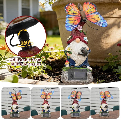 WSgift Garden Gnome Statues Solar-Powered Butterfly Resin Figurine Waterproof Outdoor Decor Mother's Day Orange