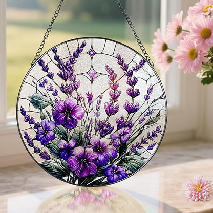 Bauhinia&Violets Flower Stained Glass Suncatcher, Stained Glass Window Hanging, 8 Inch Window Hanging Decor, Christmas, Mother's Day, Birthday Gifts for Mom, Grandma, Women, Wife, Lovers