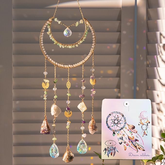 Crystal Sun Catcher Rainbow Maker with Natural Green Stones and Various Crystal Shapes Unique Window Decoration for Home or as a Gift, Stunning Light Refraction and Colorful Display
