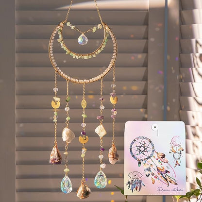 Crystal Sun Catcher Rainbow Maker with Natural Green Stones and Various Crystal Shapes Unique Window Decoration for Home or as a Gift, Stunning Light Refraction and Colorful Display