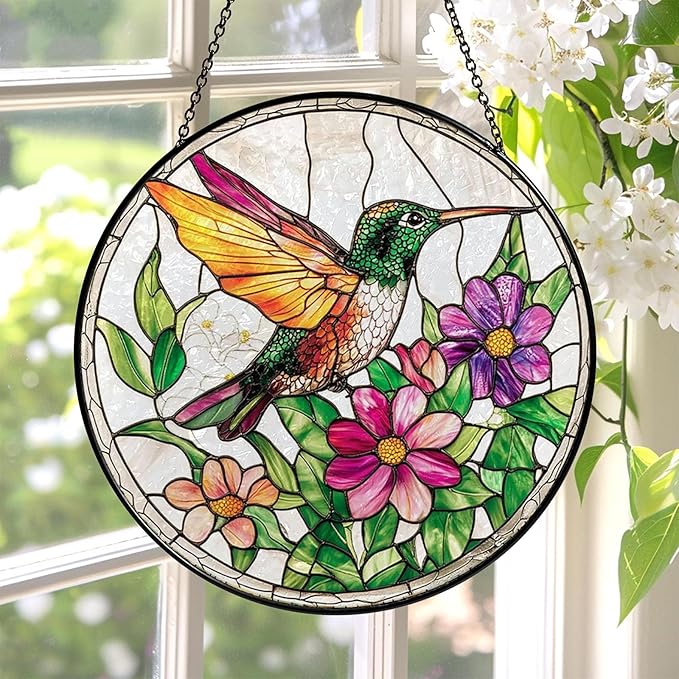 Stained Glass Window Hanging Sun Catcher 7.8 in, Hummingbird Suncatcher for Window, Colorful Round Glass Panel Art Ornament Ready to Hang, Indoor Home Garden Decor Gift for Women