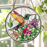 Stained Glass Window Hanging Sun Catcher 7.8 in, Hummingbird Suncatcher for Window, Colorful Round Glass Panel Art Ornament Ready to Hang, Indoor Home Garden Decor Gift for Women