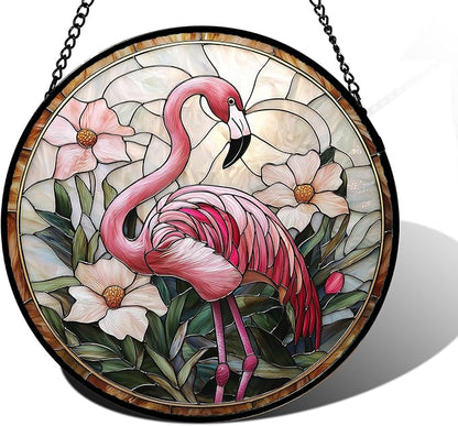 DASTOLL Stained Glass Window Hanging, Flamingo Flower Sun Catchers Diamond Glass Panel Hangings Pink Suncatcher Decor for Birthday for Women, Men, Wife, Aunt, and Mom 7.8 in
