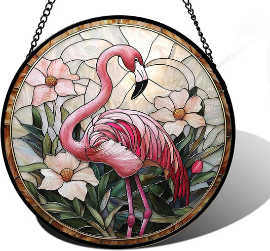 DASTOLL Stained Glass Window Hanging, Flamingo Flower Sun Catchers Diamond Glass Panel Hangings Pink Suncatcher Decor for Birthday for Women, Men, Wife, Aunt, and Mom 7.8 in