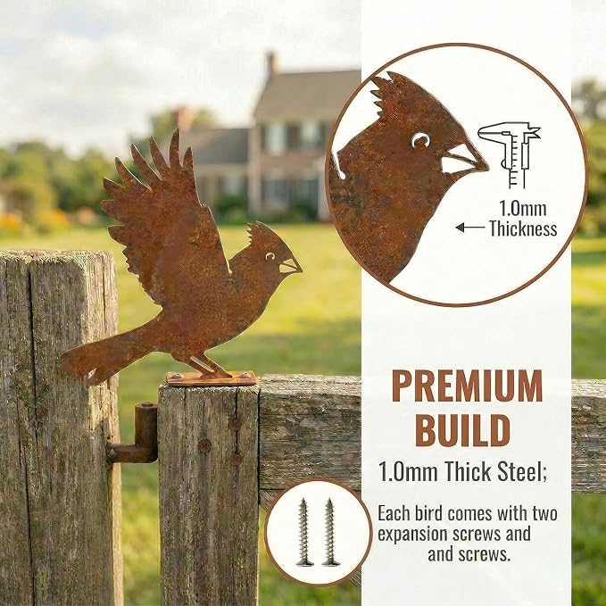 5PCS Rusty Metal Cardinal Silhouettes Outdoor Garden Statues, Rustic Bird Yard Art for Fence Patio, Spring Garden Ornaments (Vintage Rusted Finish, Not Defects)