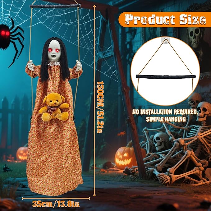 Outdoor Hanging Swinging Girl Halloween Decorations,Lighted Creepy Doll Halloween Dolls Scary Props for Garden Yard Lawn and Haunted House Decorations