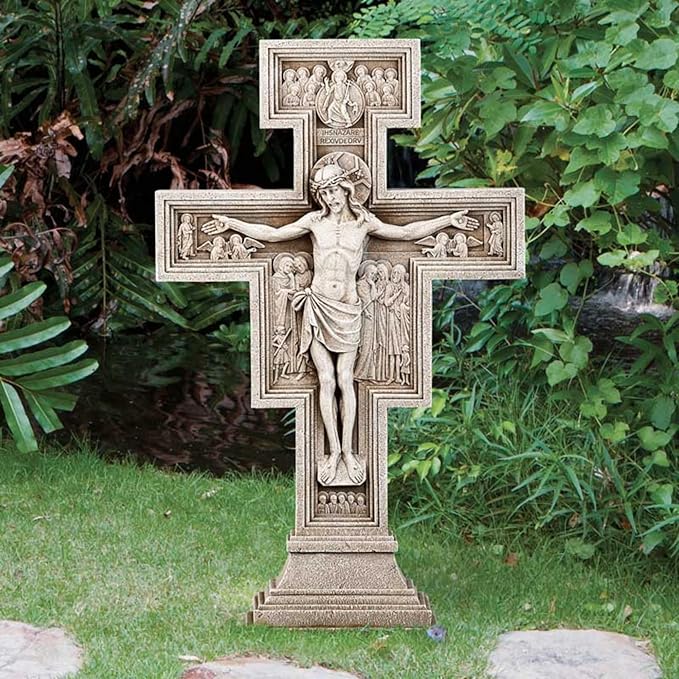 Avalon Gallery San Damiano Garden Crucifix, Stone Resin Outdoor Religious Statue, 24" Tall x 9" Wide