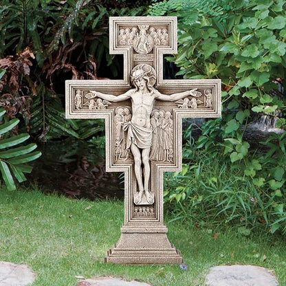 Avalon Gallery San Damiano Garden Crucifix, Stone Resin Outdoor Religious Statue, 24" Tall x 9" Wide