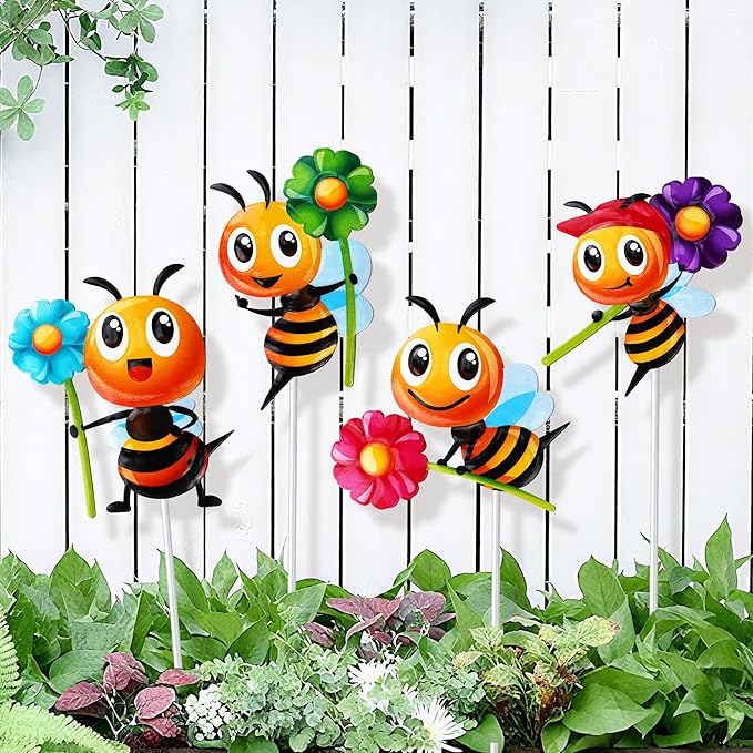 4 PCS Metal Bee Garden Stakes Decorative, ULENDIS Colorful 12.2 Inches Outdoor Bee Garden Decor stakes, Vivid Bee Yard Art Ornaments for Lawn Porch Pathway Patio Plant Pot Flower Bed