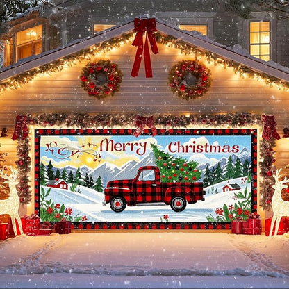 IVN Christmas Garage door banner Red Plaid Truck Christmas Tree Winter Mountain Scene Door Cover Indoor And Outdoor Studio Background Hanging Decoration 13x6ft