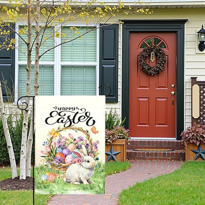 Happy Easter Garden Flag with Bunny Basket Spring Tulips Wildflowers Eggs Cute Rabbit Yard Flags Double Sided Welcome Spring Easter Houde Banner for Porch Lawn Patio Holiday Décor 12 x 18 In