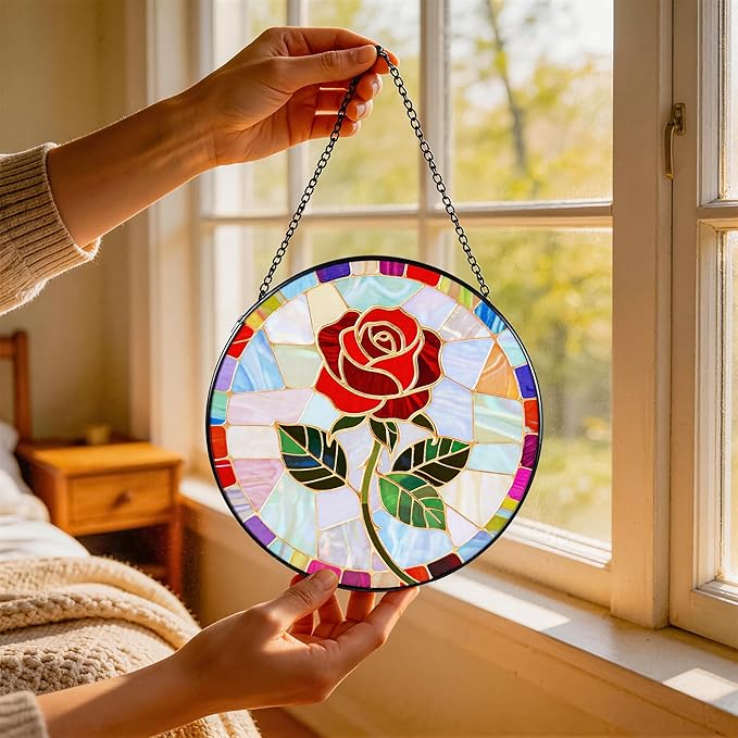 Stained Glass Window Hanging, Red Rose Suncatcher 7.8 in Sun Catcher Glass Panel Boho Wall Art Decor with Chain Diamond Glass Panel Hangings Scenery Sun Catchers Decor for Lover Couple Mom